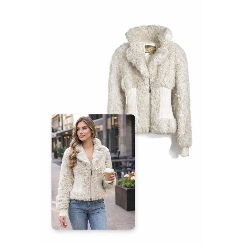 Powder River Outfitters Fuzzy‎ Faux Fur Sweater Jacket Cream XS Y2K Chic Cozy